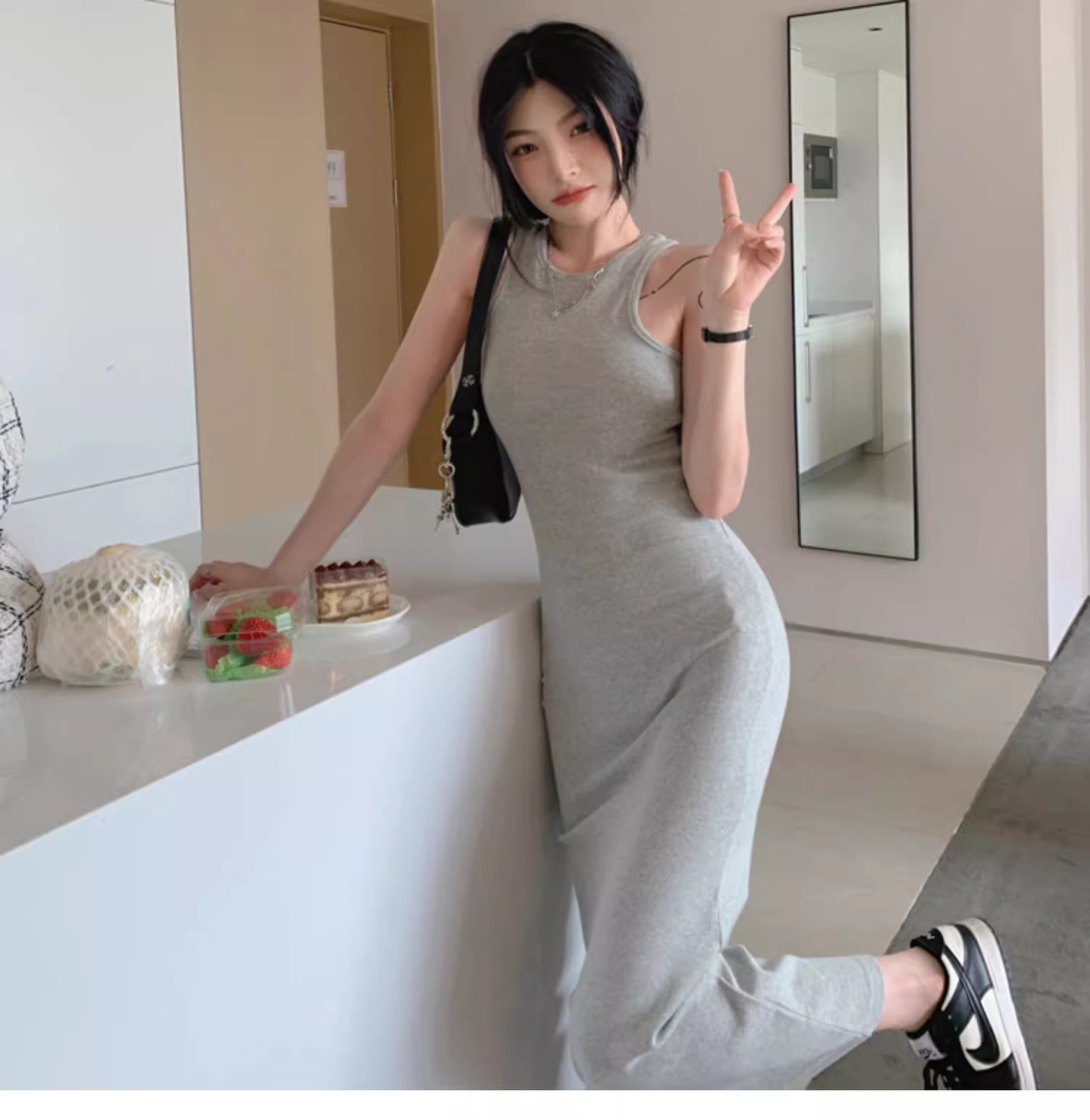 Simple Women Fashion Gray Black Halter Dress AP0238