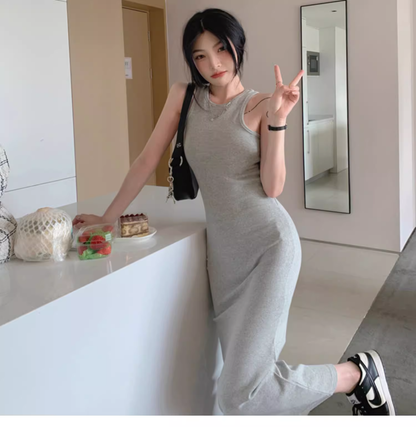 Simple Women Fashion Gray Black Halter Dress AP0238