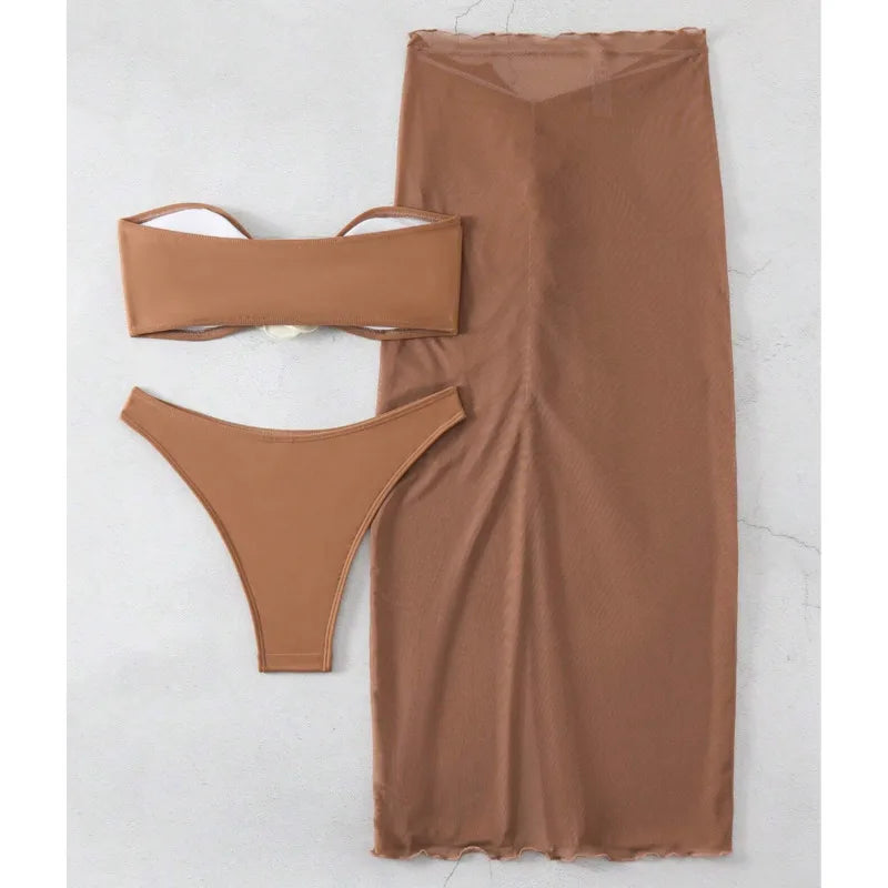 Women Bandeau Bikini And Ruched Midi Skirt Set AP000145