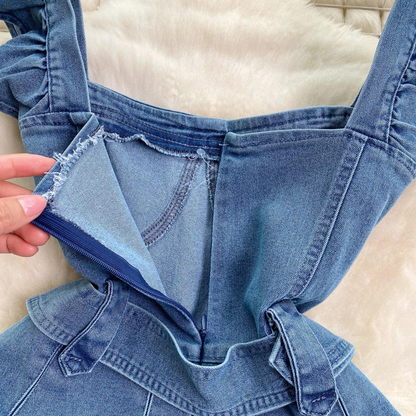 Simple Fashion Women Vintage-inspired Denim Belted Pinafore Dress AP00210