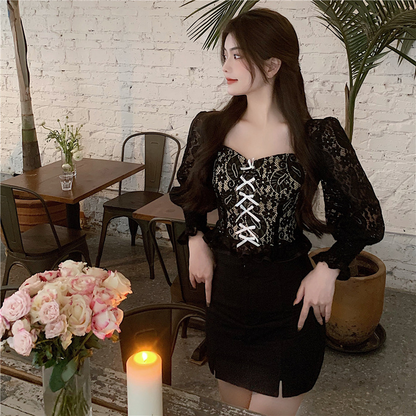 New Fashion Palace Style Temperament Women Lotus Leaf Waist Lace Square Collar Sweet Bowknot Puff Sleeve Crop Bustier Top Blouse AP000194