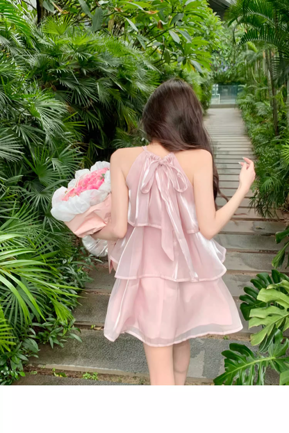 Stylish Pink Patchwork Ruffled Sleeveless Seaside Holiday Halter Dress  AP0240