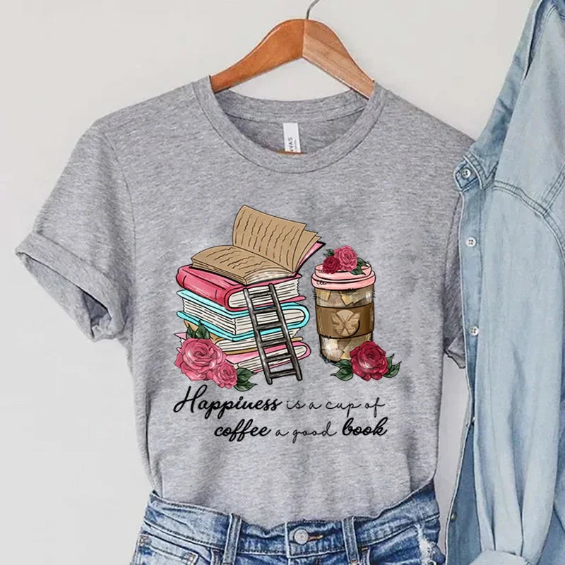 Women Happiness Coffee And Book Lover Graphic Tee New Fashion Simple T-shirt AP000167