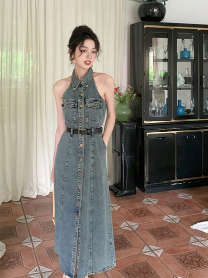 New Simple Denim Halter Neck Button-down Long Dress AP00214