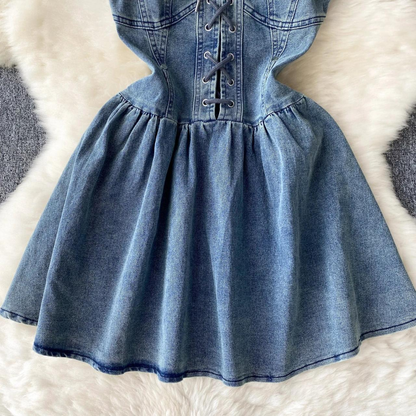 Women Simple Elegant Denim Dress With Puff Sleeves And Lace-up AP00208