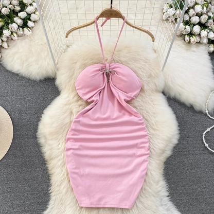Women Pink Halter Neck Mini Dress With Bow Detail Simple Fashion AP00206