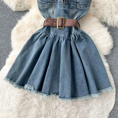 Fashion Women Sleeveless Denim Corset Dress With Belted Waist AP00220