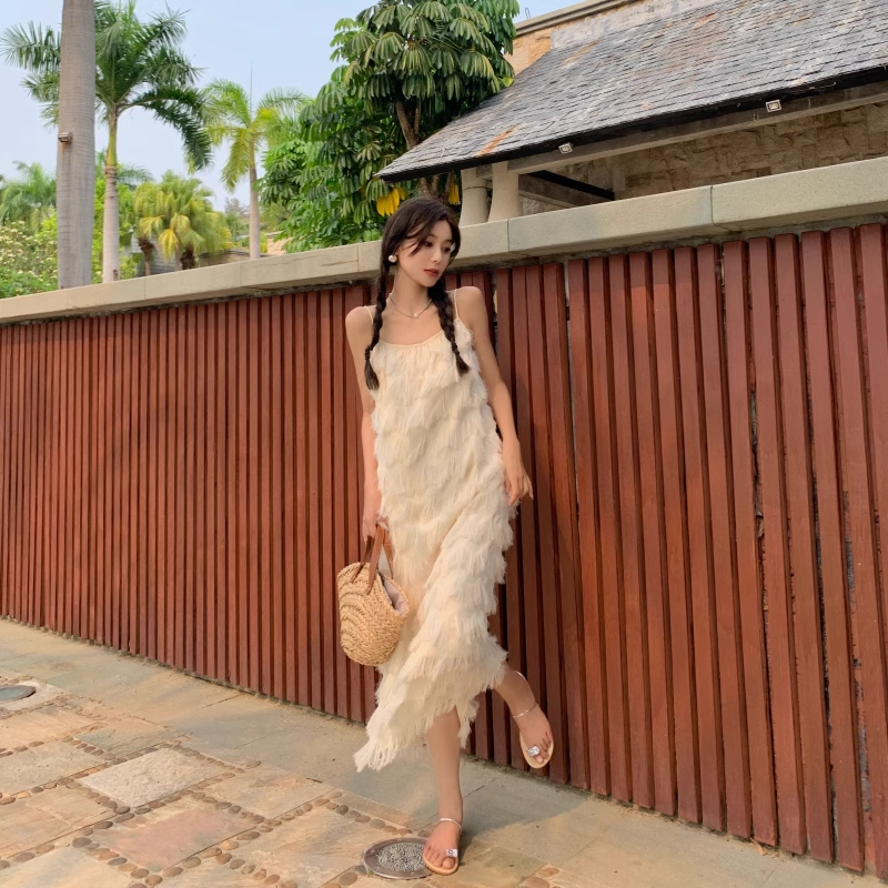 New Fashion Tassels Design Pink Beach Elegant Spaghetti Strap Dress  AP0261