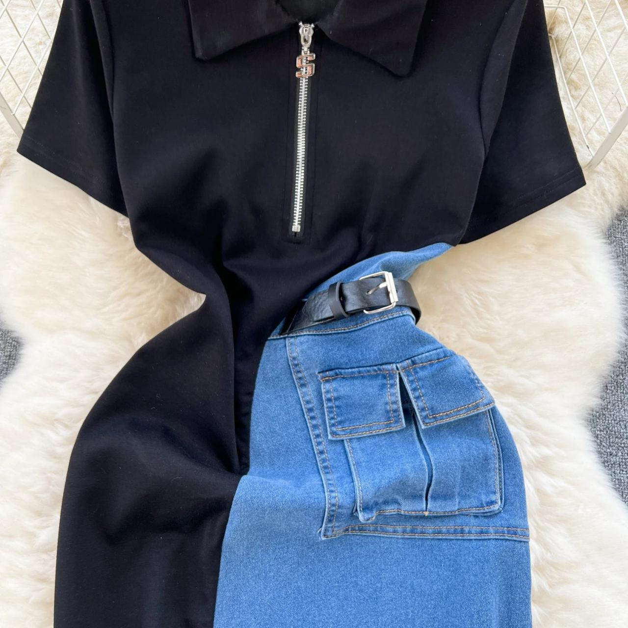 New Fashion Two-tone Jean And Black Polo Dress AP00217