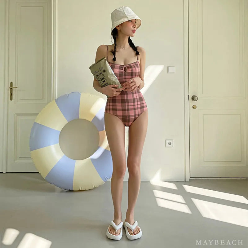Pink Plaid One-piece Swimsuit With Adjustable Straps AP000130