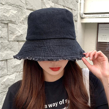 Denim Frayed Edge Bucket Hat For Women AP00235