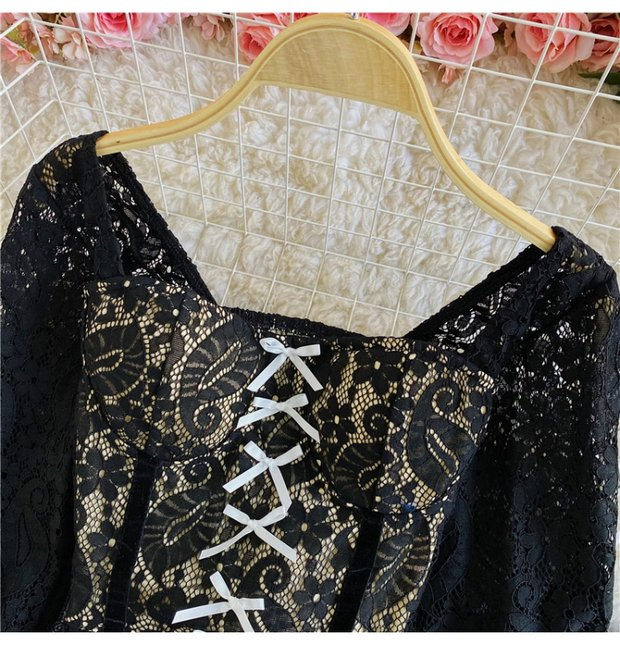 New Fashion Palace Style Temperament Women Lotus Leaf Waist Lace Square Collar Sweet Bowknot Puff Sleeve Crop Bustier Top Blouse AP000194