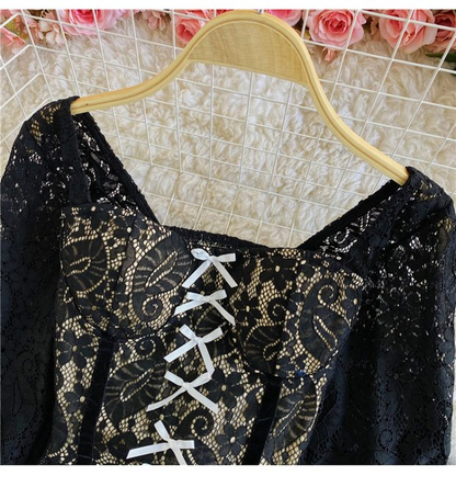 New Fashion Palace Style Temperament Women Lotus Leaf Waist Lace Square Collar Sweet Bowknot Puff Sleeve Crop Bustier Top Blouse AP000194