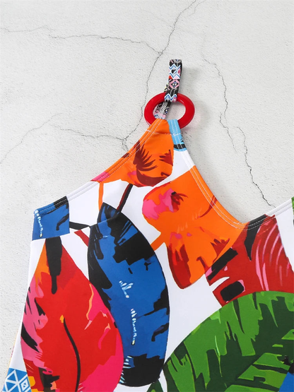 Simple Fashion Women Tropical Print One-piece Swimsuit With Ring Detail AP000148