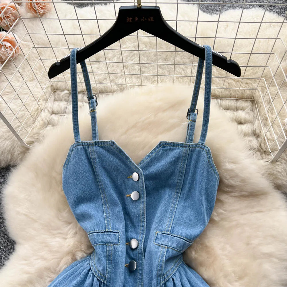 Women Sleeveless Denim Button-down Midi Sun Dress AP00211