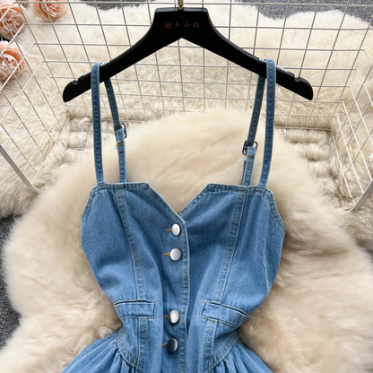 Women Sleeveless Denim Button-down Midi Sun Dress AP00211