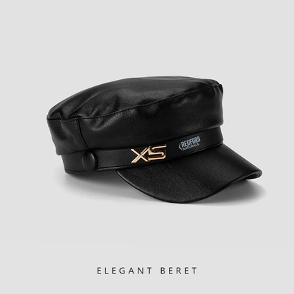 Chic Leather Beret Cap With Gold Accent AP00227