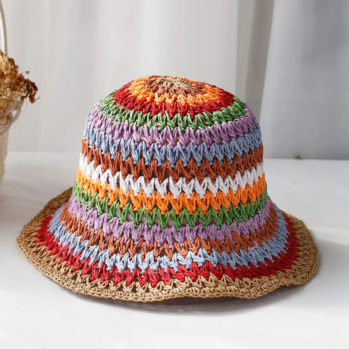 Handwoven Colorful Striped Summer Beach Bucket Hat AP00232
