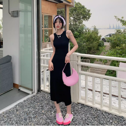 Simple Women Fashion Gray Black Halter Dress AP0238