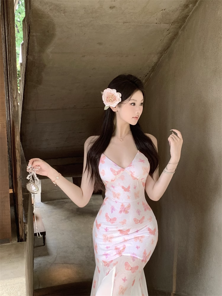 New Stylish Women Pink Butterfly Mermaid Spaghetti Strap Dress  AP0260