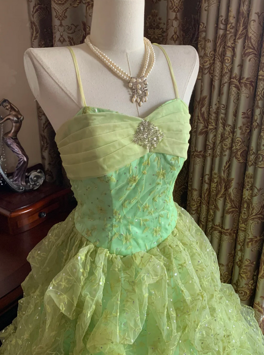 Sparkly Light Green Spaghetti Straps Tiered Tulle Ball Gown Sparkly Prom Dress AD235