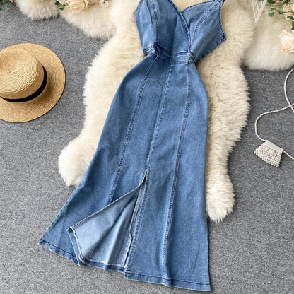 Simple Fashion Denim Sleeveless Midi Dress With Slit AP00212