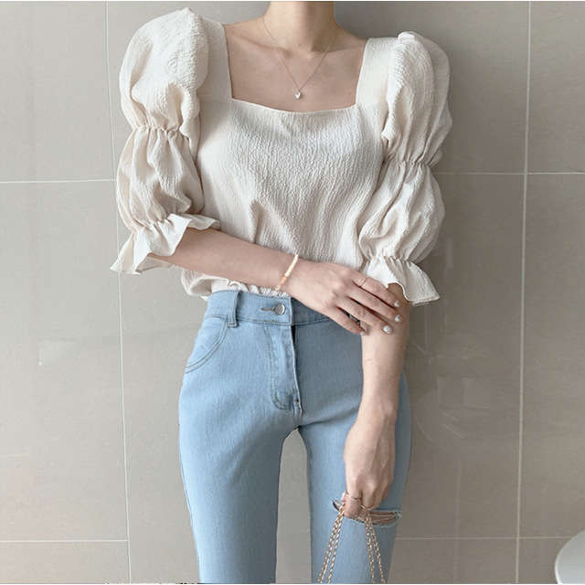 New Vintage Sexy Women Pleated Top Smocked Square Neck Collar Puff Sleeve Tops Blouse AP000195