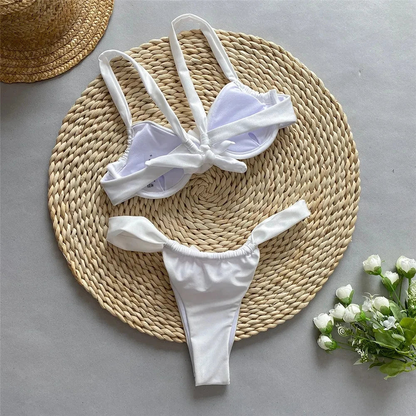 Women White Ruched Two-piece Swimsuit With Knot Detail AP000146