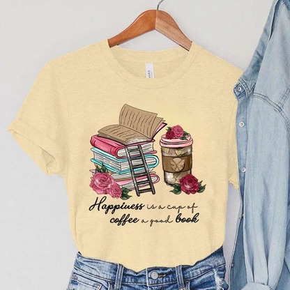 Women Happiness Coffee And Book Lover Graphic Tee New Fashion Simple T-shirt AP000167