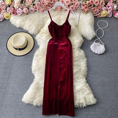 Beautiful Red Velvet Sweetheart Straps Women Dress, Long Velvet Women Dress Party Dress AP0004
