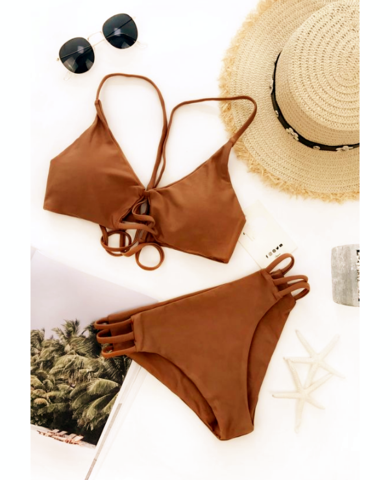 Sexy Strappy Bikini Set Retro Swimsuit Swimwear Pure Khaki Bottom Side Hollow Two Piece Bikini AP000116