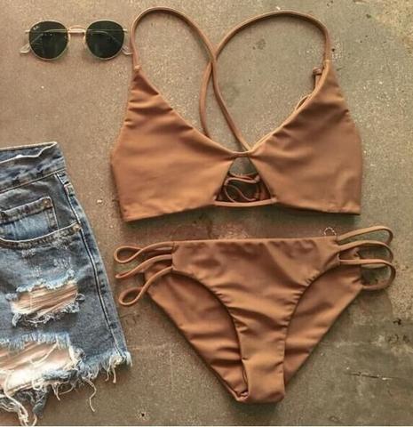 Sexy Strappy Bikini Set Retro Swimsuit Swimwear Pure Khaki Bottom Side Hollow Two Piece Bikini AP000116