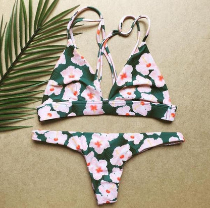 Summer Sexy Women Bikini Small Flower Swimsuit Rope Cross Backless Swimwear AP000114