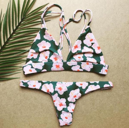 Summer Sexy Women Bikini Small Flower Swimsuit Rope Cross Backless Swimwear AP000114