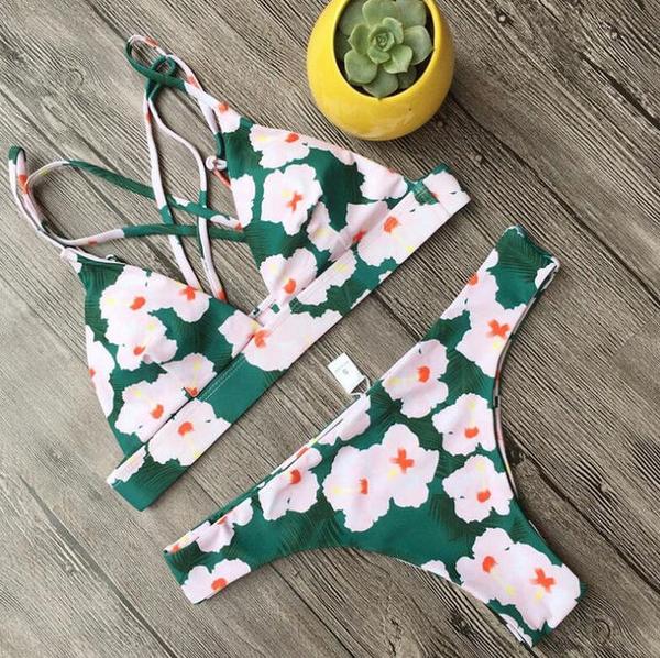 Summer Sexy Women Bikini Small Flower Swimsuit Rope Cross Backless Swimwear AP000114