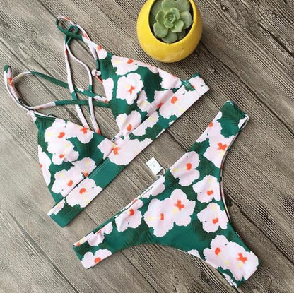 Summer Sexy Women Bikini Small Flower Swimsuit Rope Cross Backless Swimwear AP000114