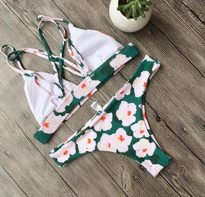 Summer Sexy Women Bikini Small Flower Swimsuit Rope Cross Backless Swimwear AP000114