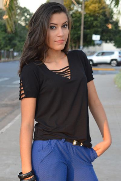 V-neck Straps Pure Color Short Sleeves Loose T-shirt AP00027