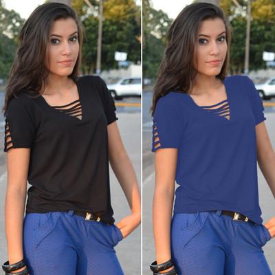 V-neck Straps Pure Color Short Sleeves Loose T-shirt AP00027