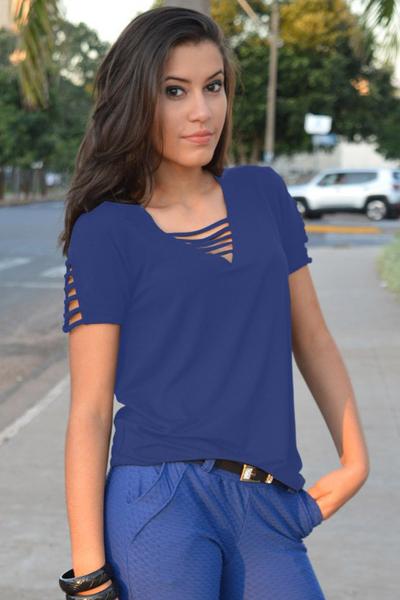 V-neck Straps Pure Color Short Sleeves Loose T-shirt AP00027