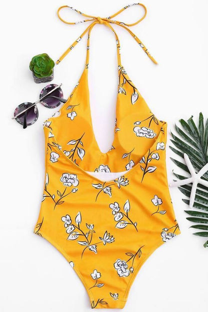 Floral Print Plunge Halter One Piece Swimsuit AP00048