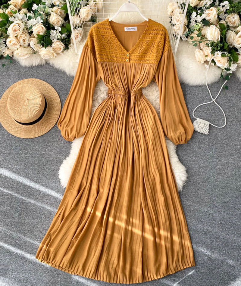 Vintage V Neck Pleated Dress Long Sleeve Dress AP00067