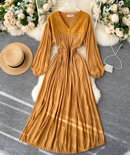 Vintage V Neck Pleated Dress Long Sleeve Dress AP00067
