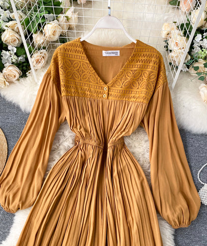 Vintage V Neck Pleated Dress Long Sleeve Dress AP00067