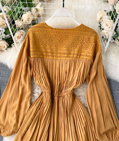 Vintage V Neck Pleated Dress Long Sleeve Dress AP00067