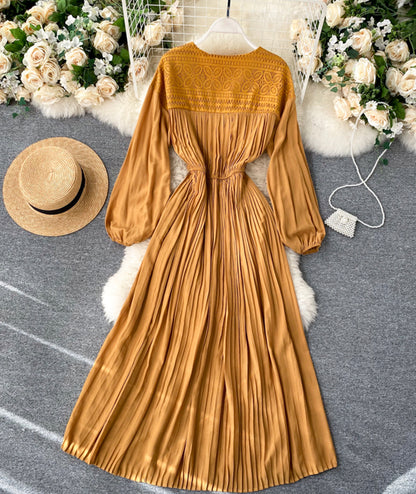Vintage V Neck Pleated Dress Long Sleeve Dress AP00067