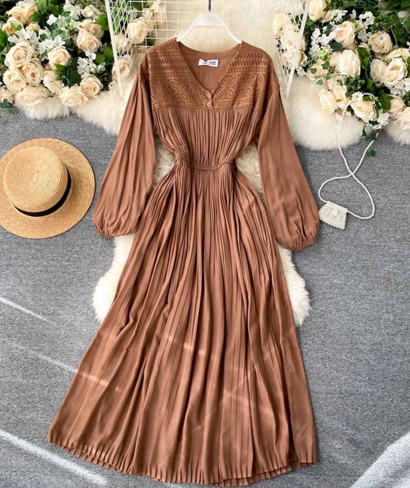 Vintage V Neck Pleated Dress Long Sleeve Dress AP00067