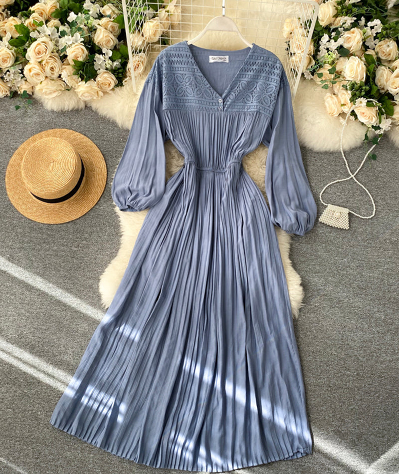 Vintage V Neck Pleated Dress Long Sleeve Dress AP00067