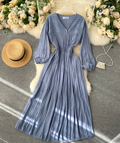 Vintage V Neck Pleated Dress Long Sleeve Dress AP00067