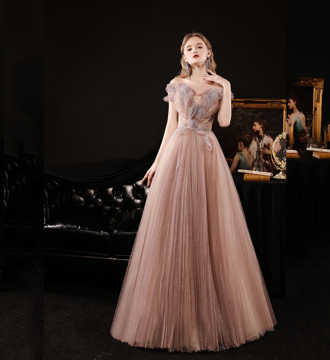 Simple Women Unique Tulle Long Prom Dress A Line Evening Dress AP00202